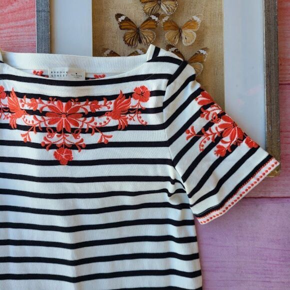 Kate Spade Broom Street Striped Floral Embroidery Drop Waist Ruffle Hem Dress S - Picture 5 of 9
